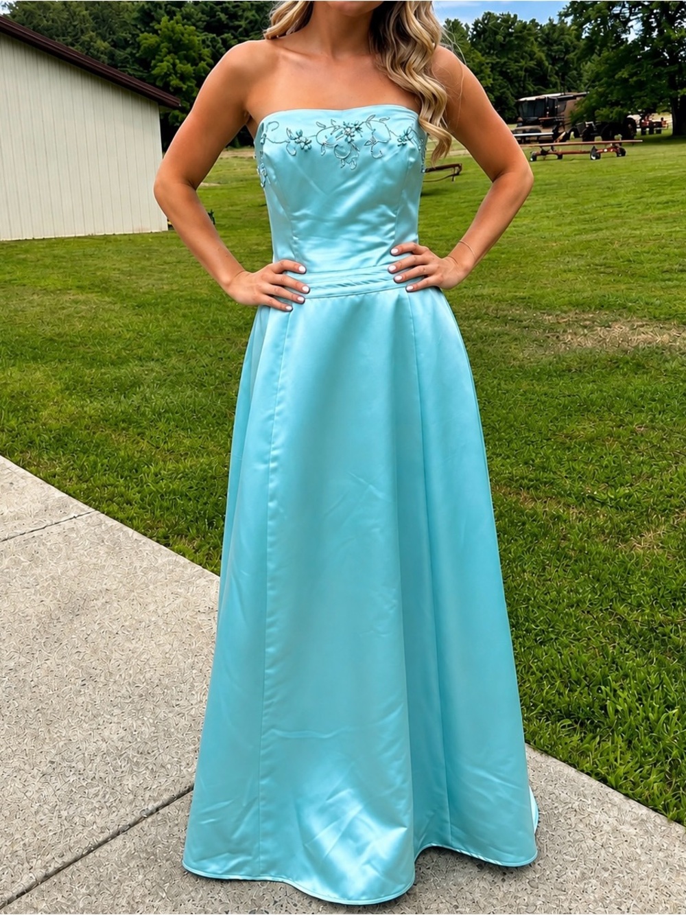 Morgan & Co. Strapless Aqua Prom Gown with Embroidered Bodice
